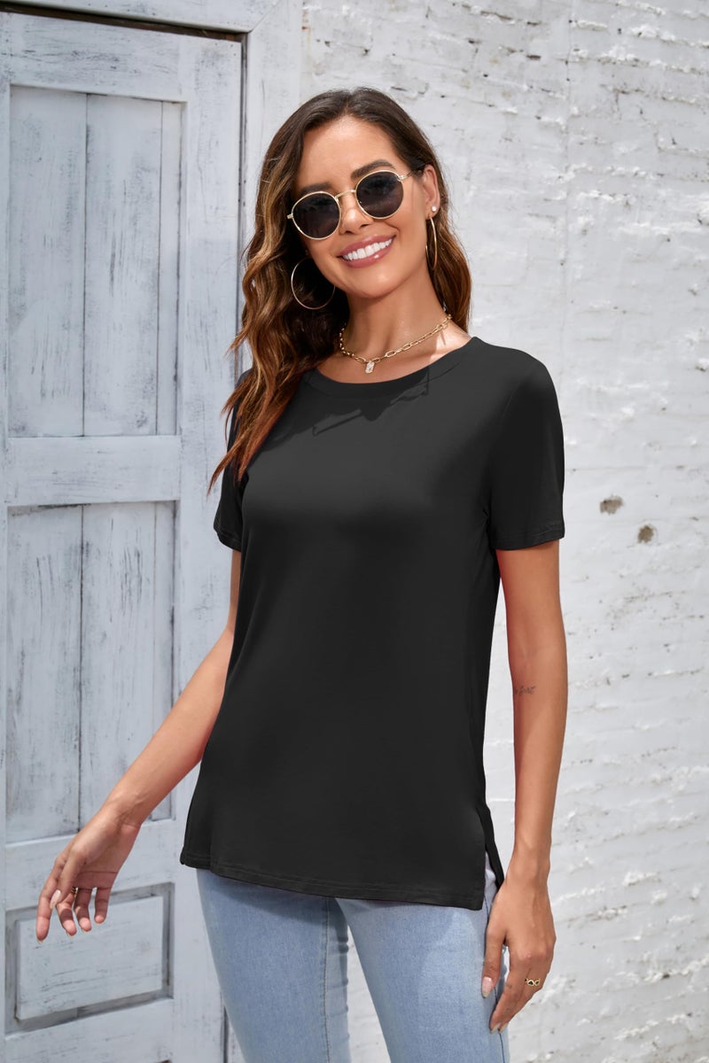 Herou Women Casual Summer Short Sleeve Tops High Low Hem T-Shirts Tees with Side Split Black Medium - Image 3